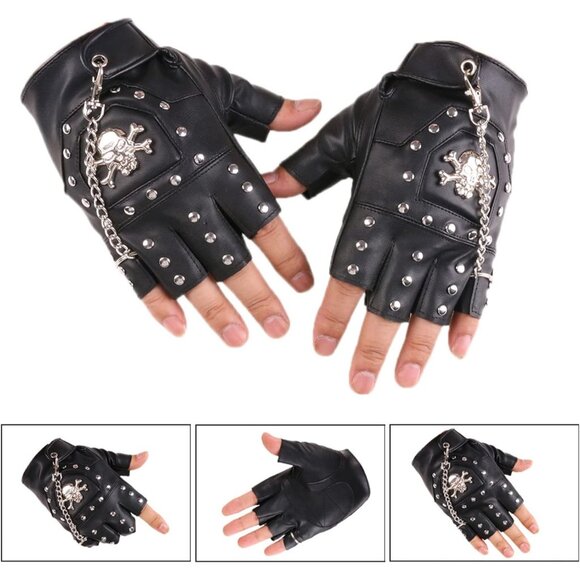 Men Black Half Finger Punk Rivets with Metal Chain Motorcycles PU Leather Gloves - Picture 2 of 7